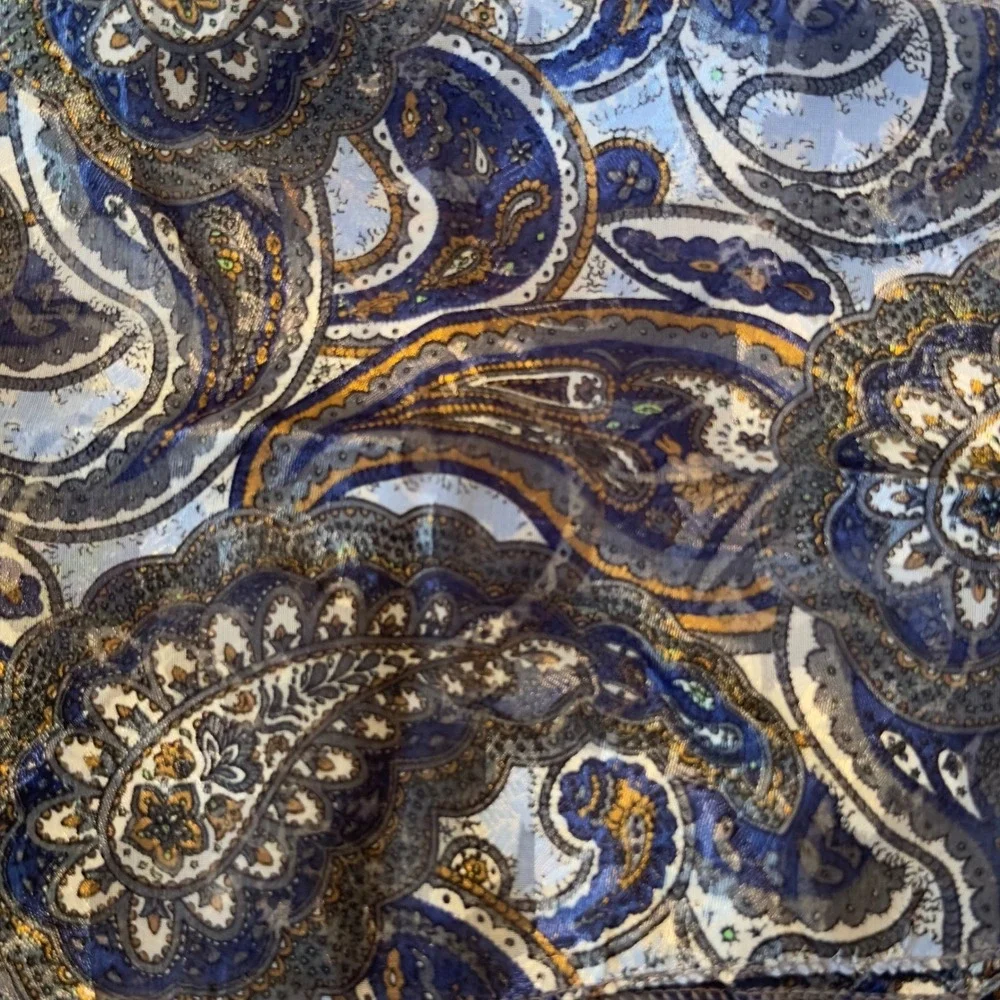Blue Gold Paisley Square Scarf Silk Feel Sheer‎ Neck Hair Accessory Classy Chic